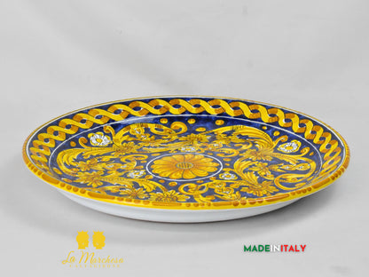 Piatto in Ceramica di Caltagirone Fangotto blu cobalto ornato fiore treccia 44cm