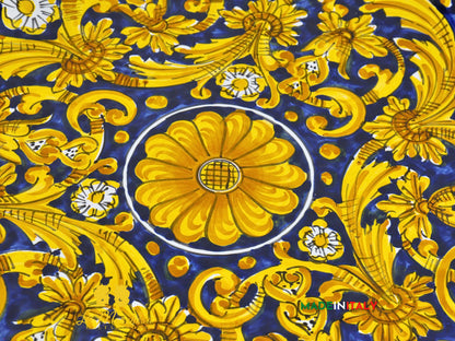 Piatto in Ceramica di Caltagirone Fangotto blu cobalto ornato fiore treccia 44cm