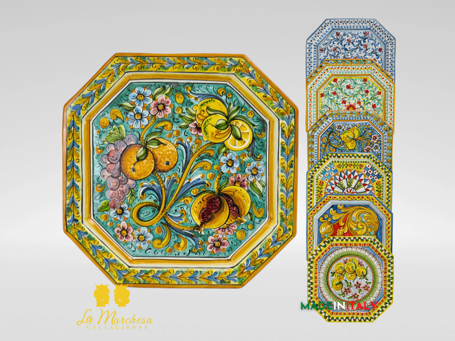 Piatto Ottagonale Decorato in Ceramica di Caltagirone - Vari Modelli