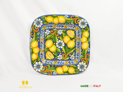 Piatto in Ceramica di Caltagirone Falda blu cobalto limone quadrato