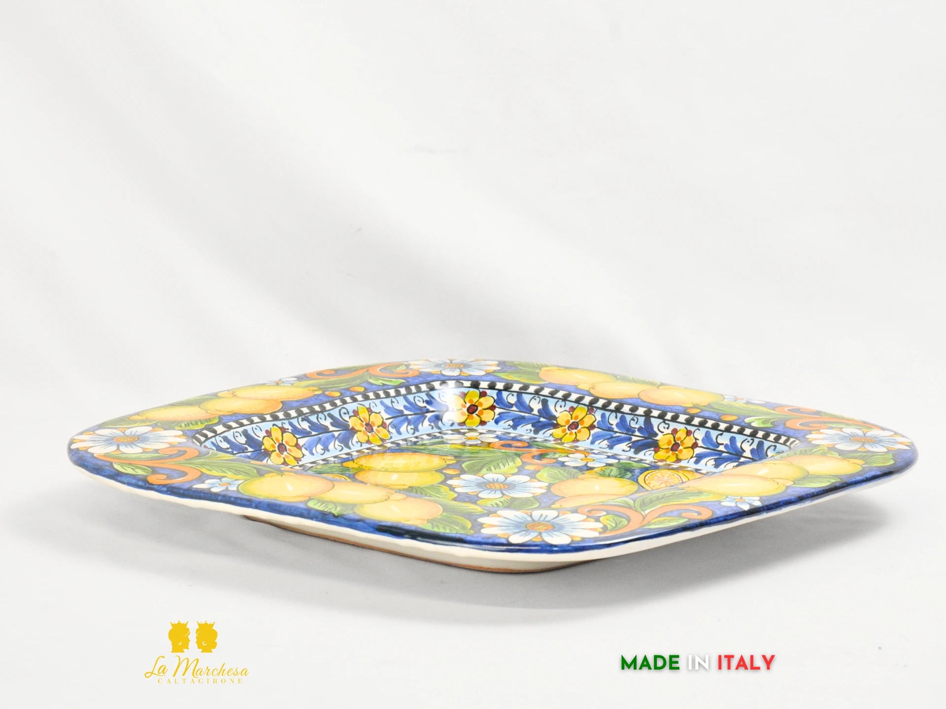 Piatto in Ceramica di Caltagirone Falda blu cobalto limone quadrato