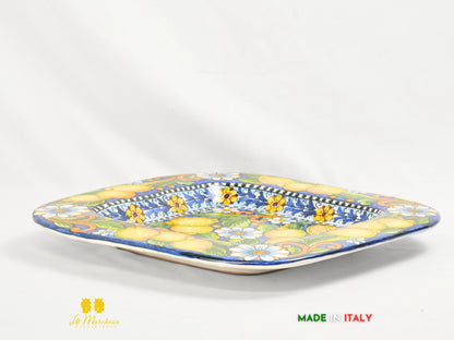 Piatto in Ceramica di Caltagirone Falda blu cobalto limone quadrato
