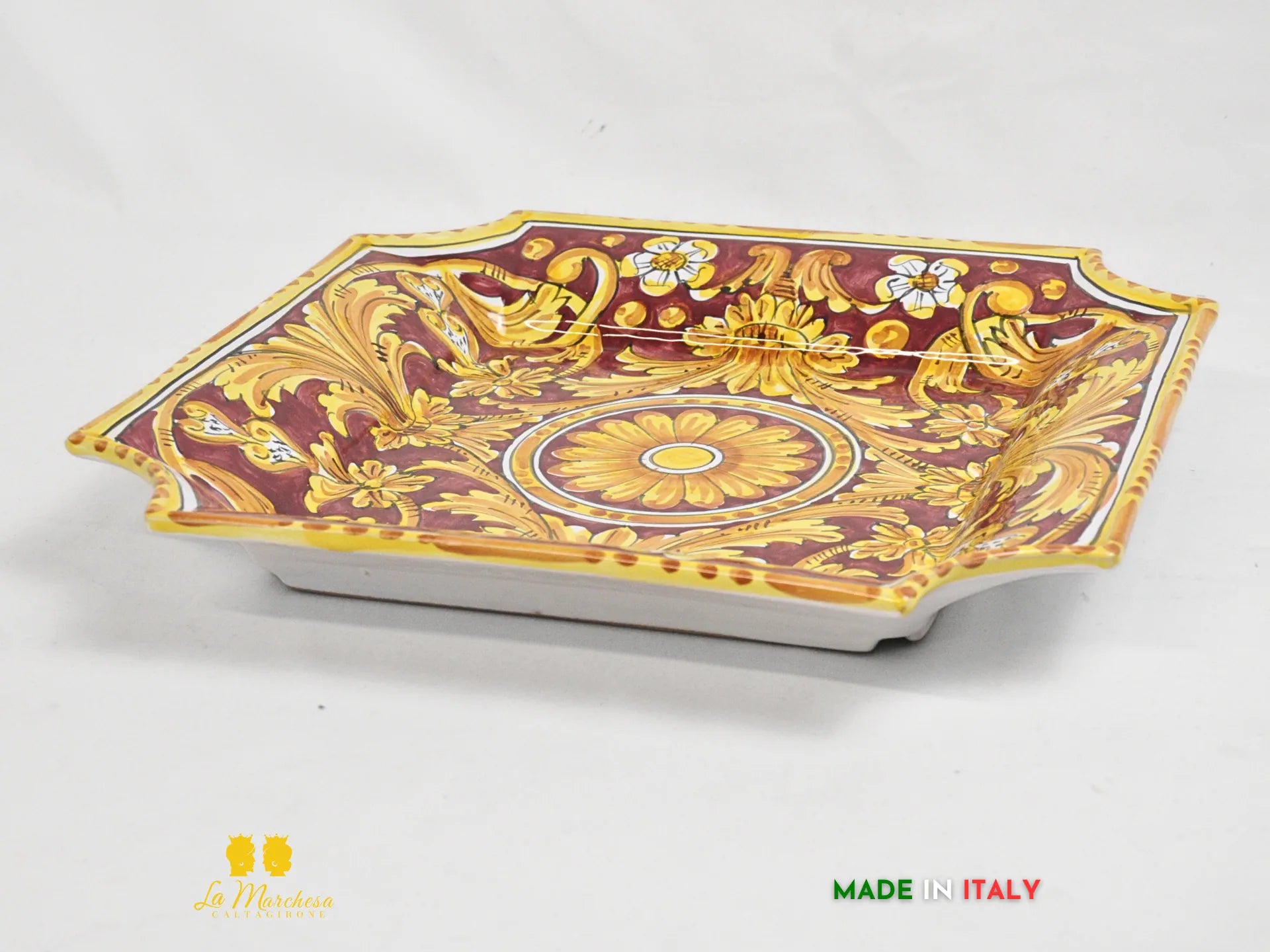 Piatto in ceramica di Caltagirone quadro ornato 34cm