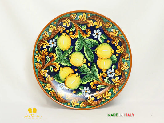 Piatto in Ceramica di Caltagirone decorato a mano ornato barocco fiori e limoni verde rame blu  37cm 
