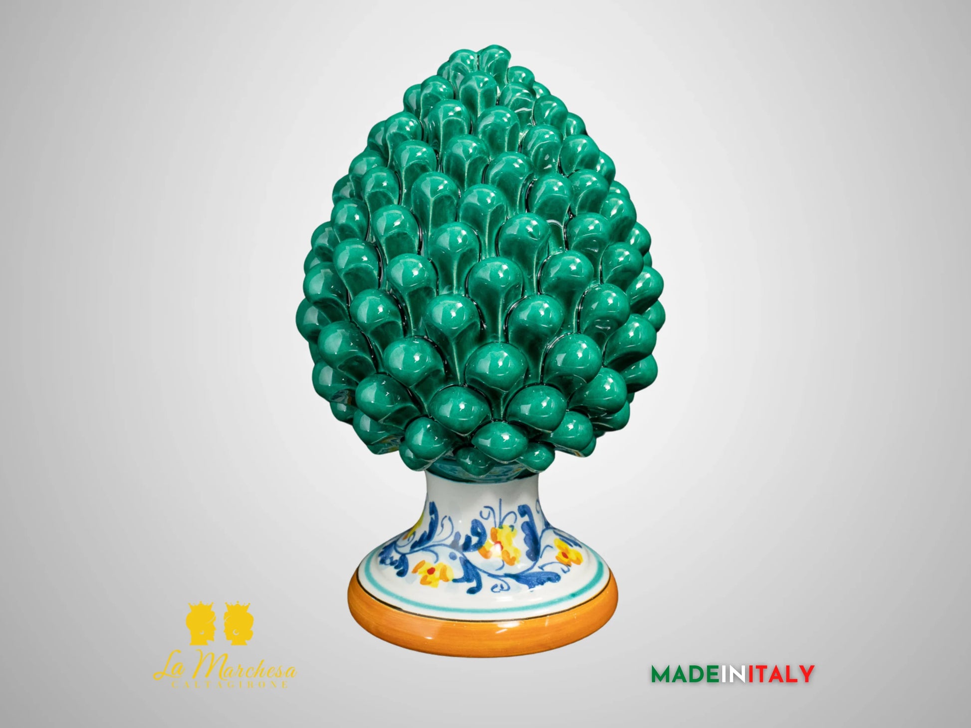 Pigna Siciliana in Ceramica di Caltagirone Verde Rame base bianca 600 - 22cm
