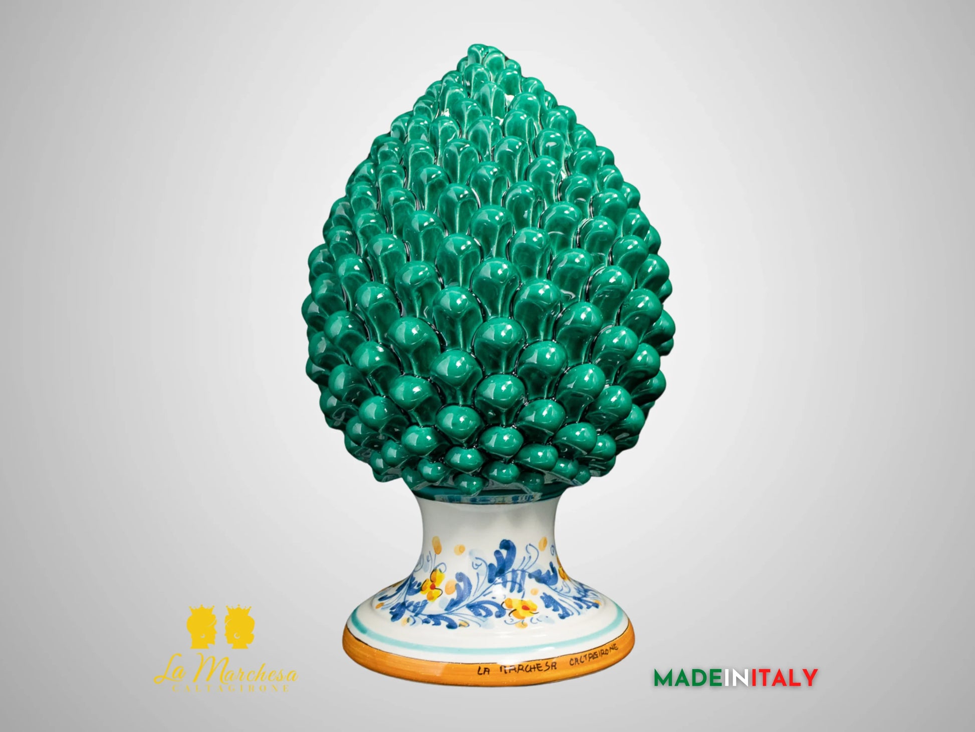 Pigna Siciliana in Ceramica di Caltagirone Verde Rame base bianca 600 - 22cm