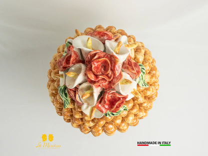 Pigna Siciliana Ceramica di Caltagirone bianca applicazioni fiori 43cm