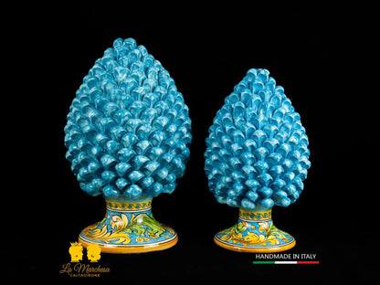 Pigna siciliana in ceramica di caltagirone celeste base ornato h31-26-2