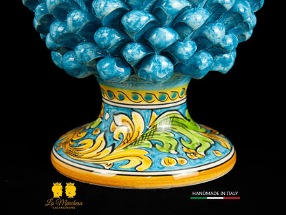 Pigna siciliana in ceramica di caltagirone celeste base ornato h31-26-2