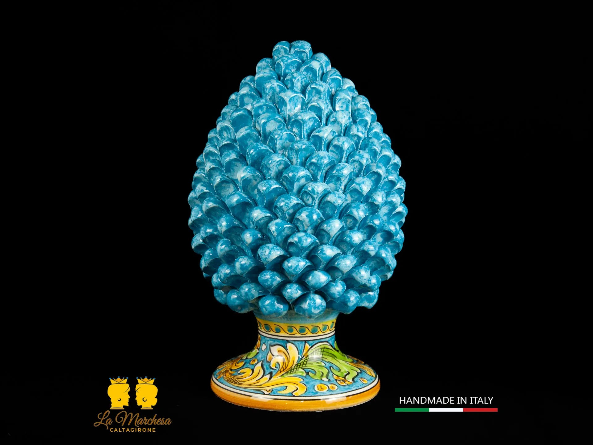 Pigna siciliana in ceramica di caltagirone celeste base ornato h31-26-2