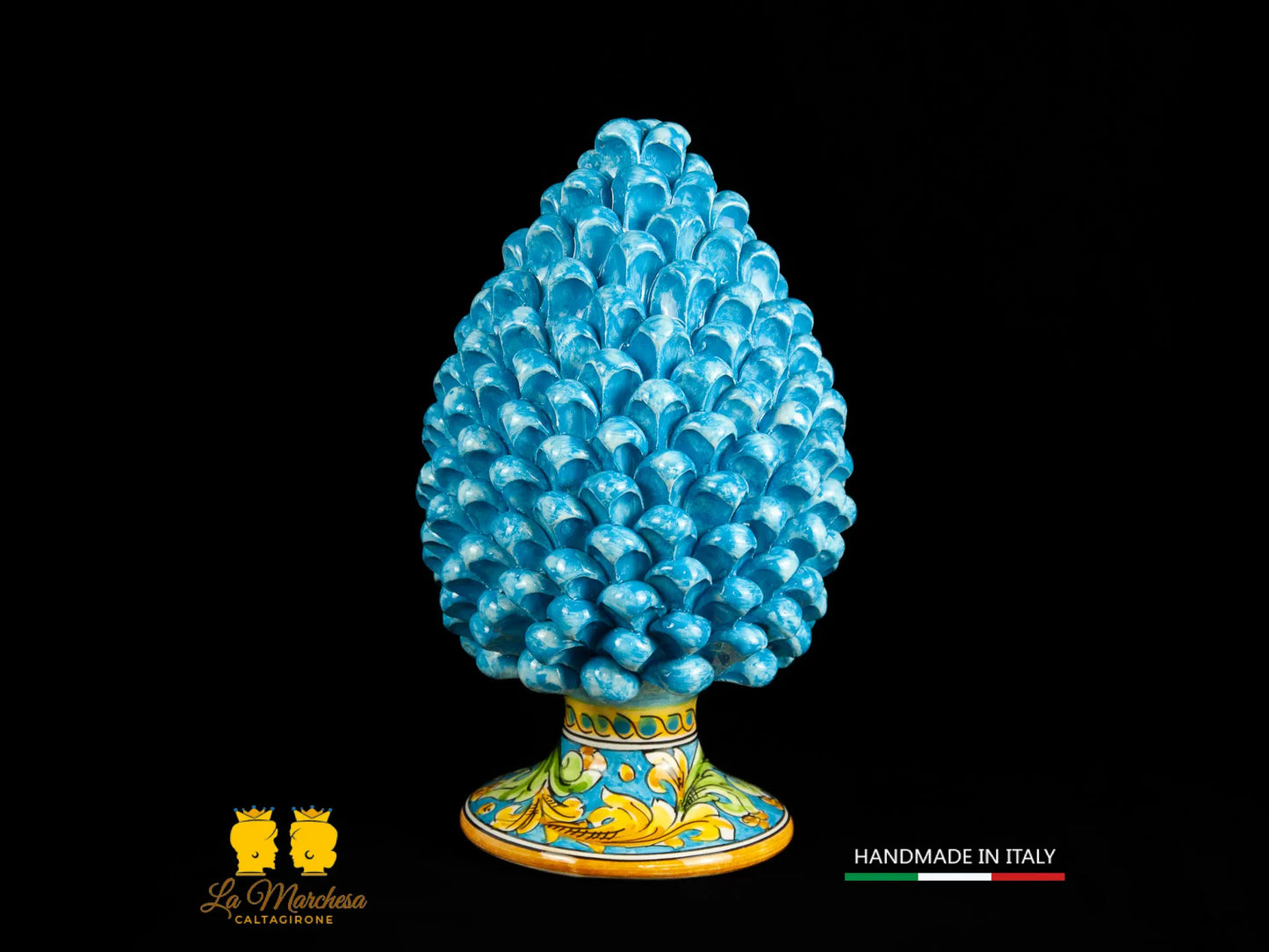 Pigna siciliana in ceramica di caltagirone celeste base ornato h31-26-2