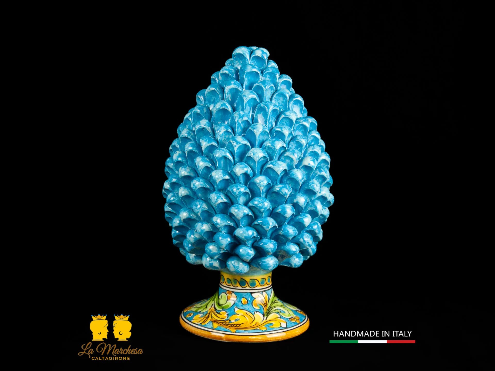 Pigna siciliana in ceramica di caltagirone celeste base ornato h31-26-2