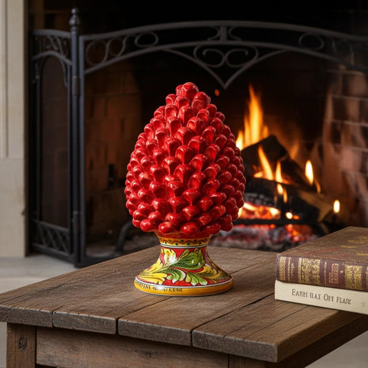 Pigna Siciliana Artigianale Rosso in Ceramica di Caltagirone Base Ornato 31 cm