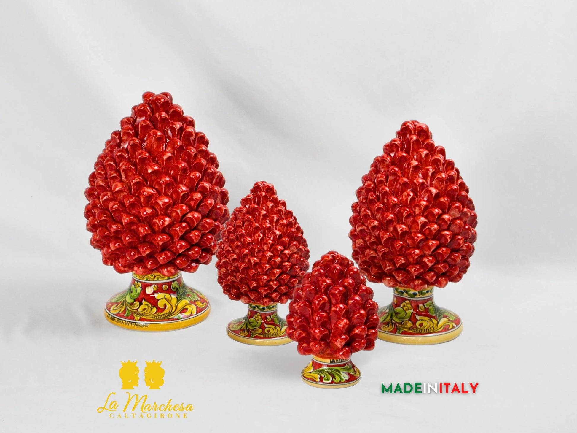 Pigna Siciliana Artigianale Rosso in Ceramica di Caltagirone Base Ornato - Varie Misure