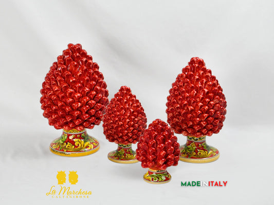 Pigna Siciliana Artigianale Rosso in Ceramica di Caltagirone Base Ornato - Varie Misure