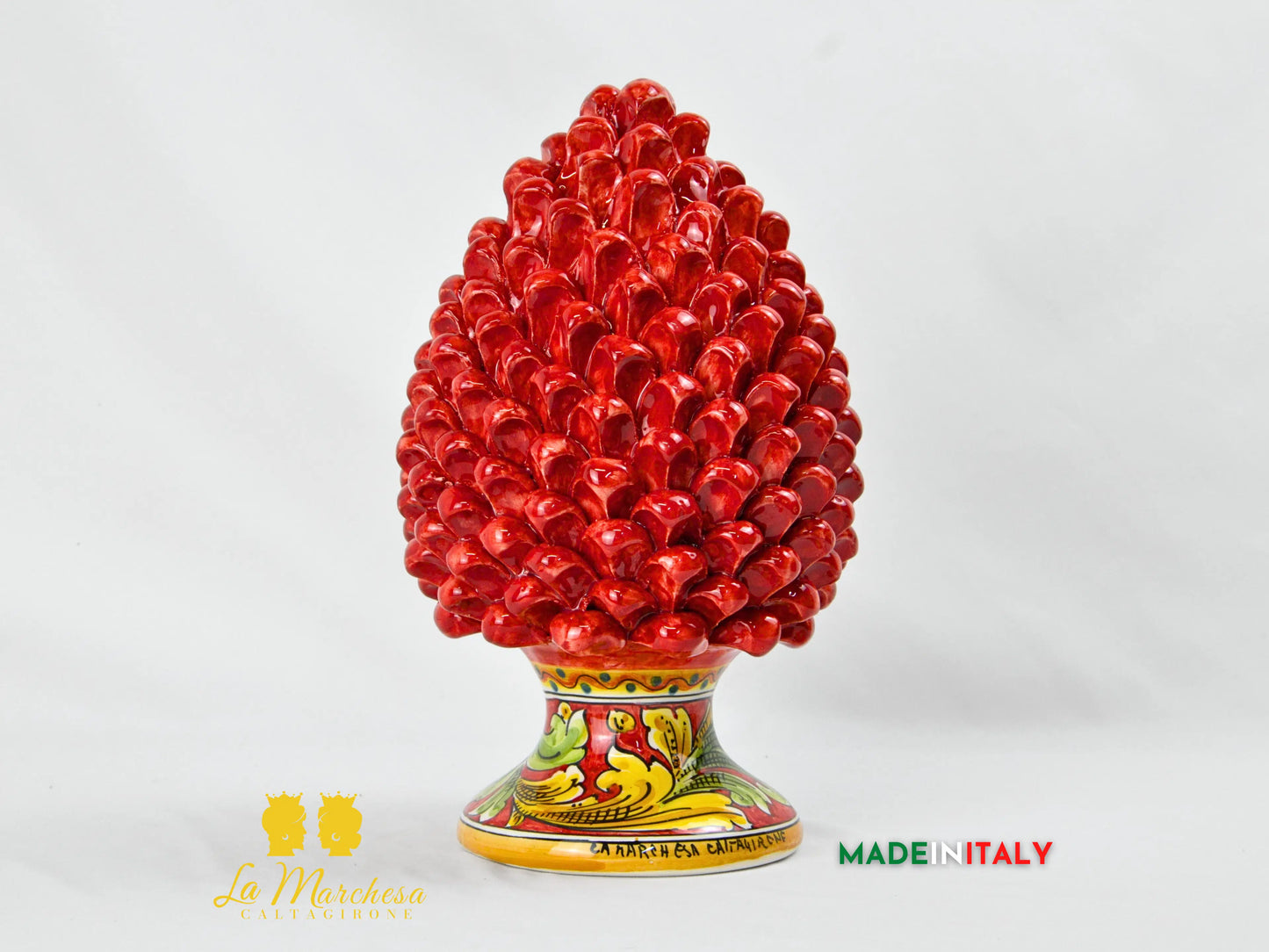 Pigna Siciliana Artigianale Rosso in Ceramica di Caltagirone Base Ornato - Varie Misure