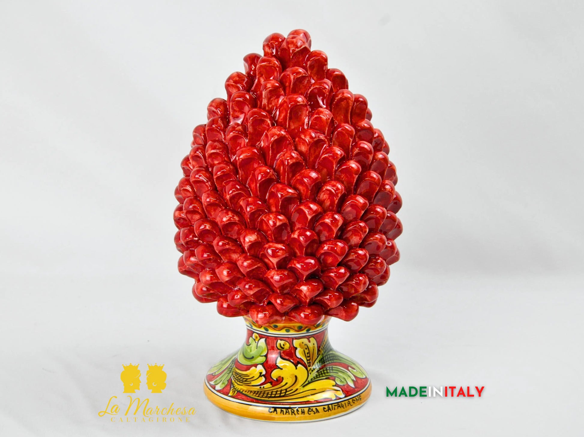 Pigna Siciliana Artigianale Rosso in Ceramica di Caltagirone Base Ornato - Varie Misure