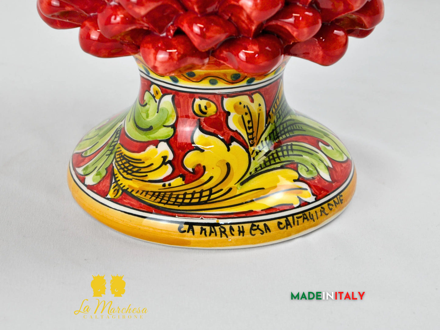 Pigna Siciliana Artigianale Rosso in Ceramica di Caltagirone Base Ornato - Varie Misure