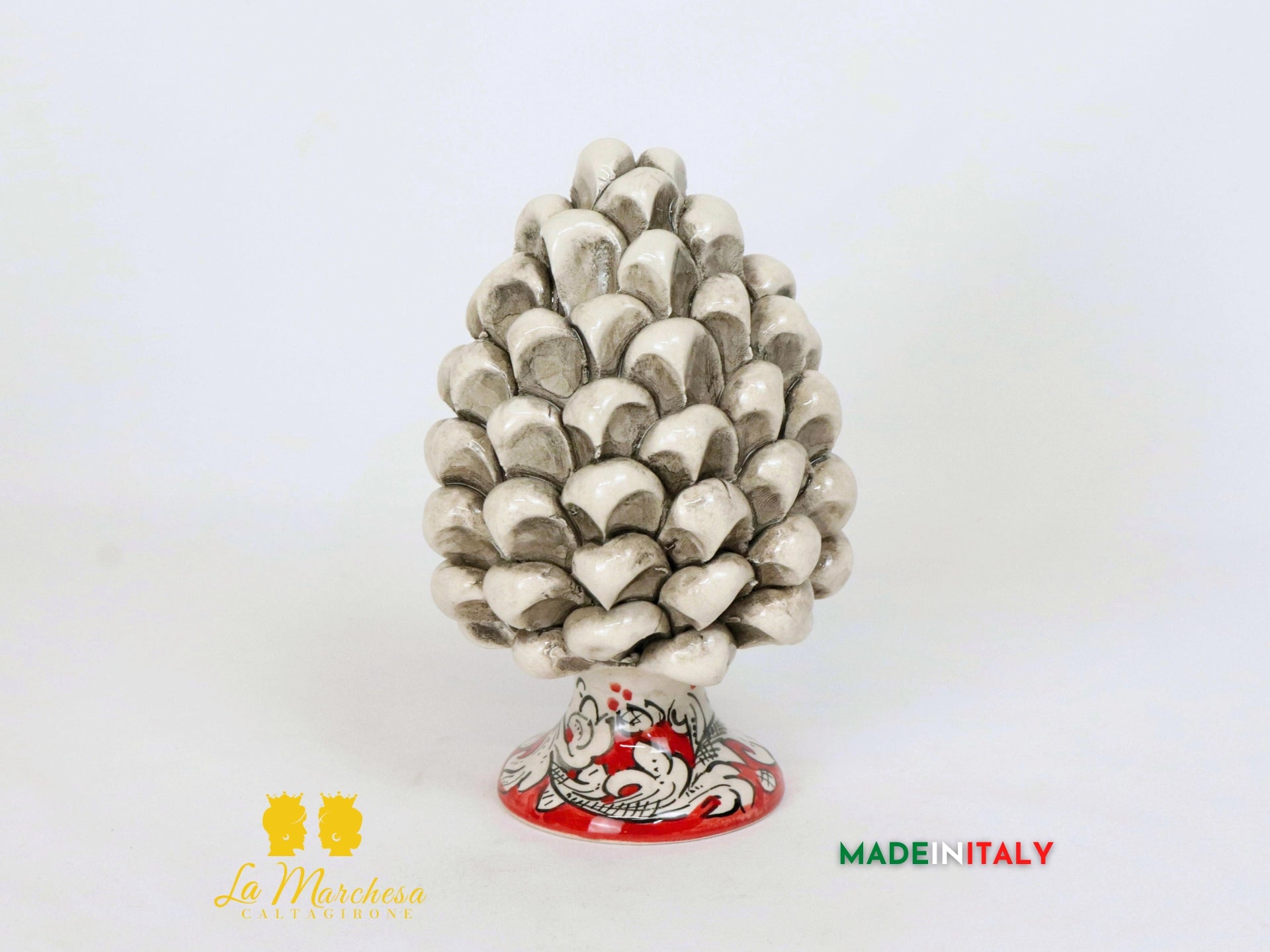 Pigne Siciliane in Ceramica di Caltagirone fumè rosso ornato bianco - 17cm