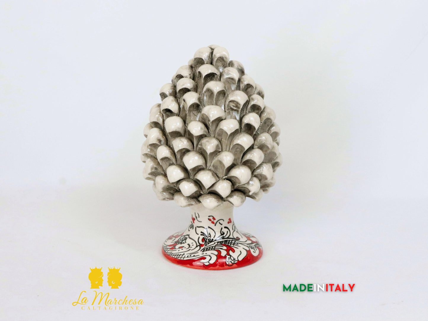 Pigne Siciliane in Ceramica di Caltagirone fumè rosso ornato bianco - 21cm