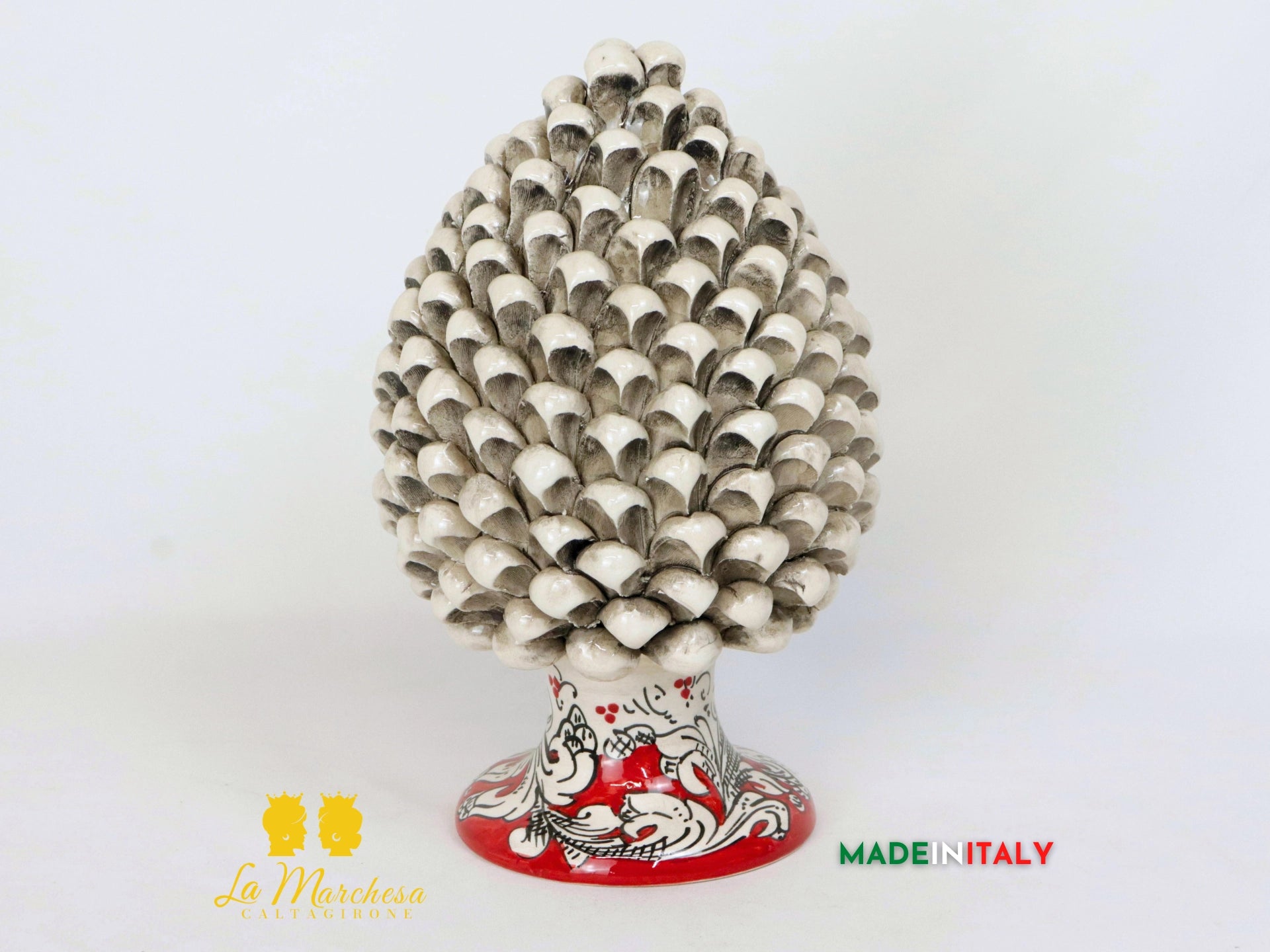Pigne Siciliane in Ceramica di Caltagirone fumè rosso ornato bianco - 27cm