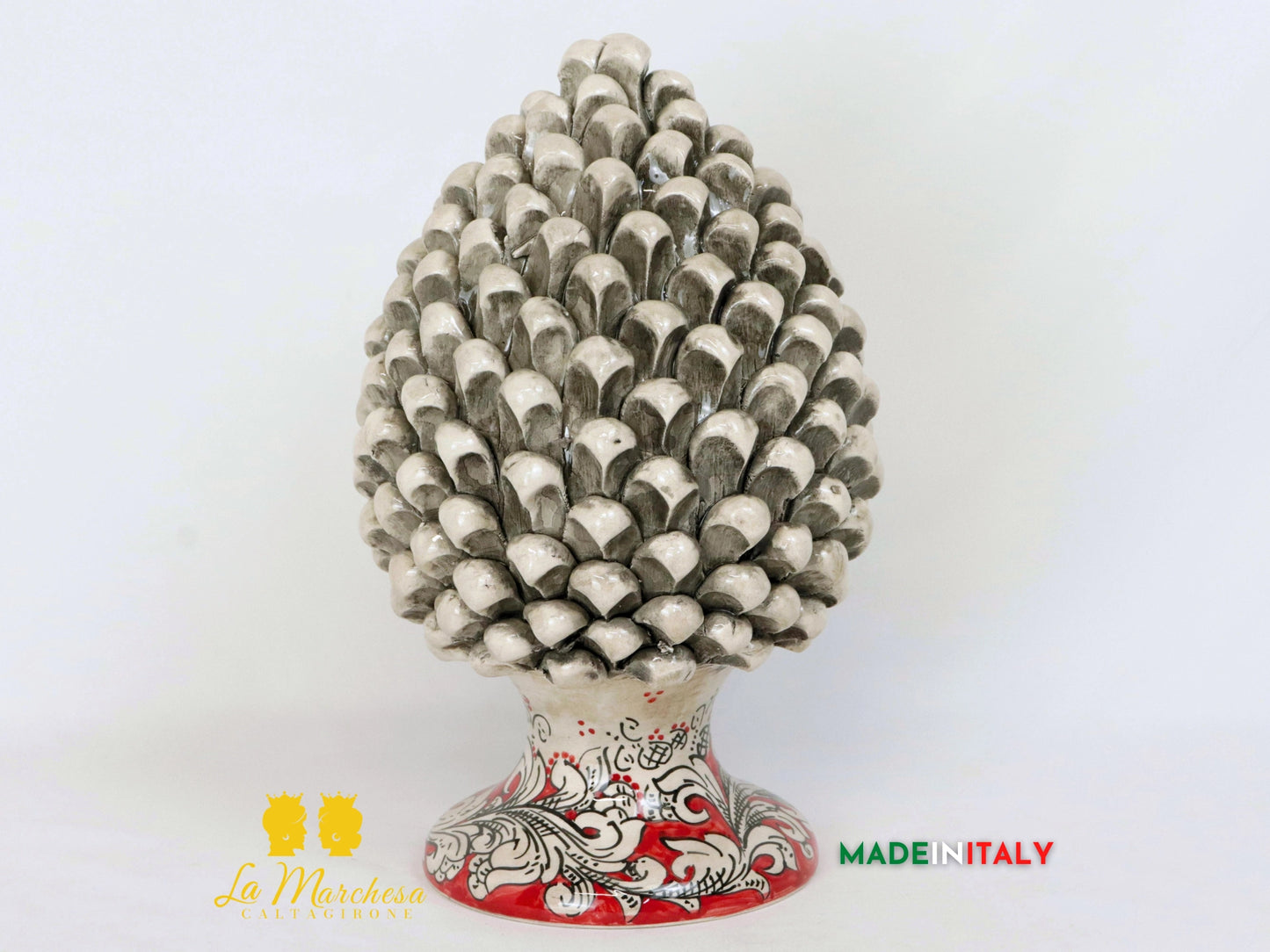 Pigne Siciliane in Ceramica di Caltagirone fumè rosso ornato bianco - 31cm