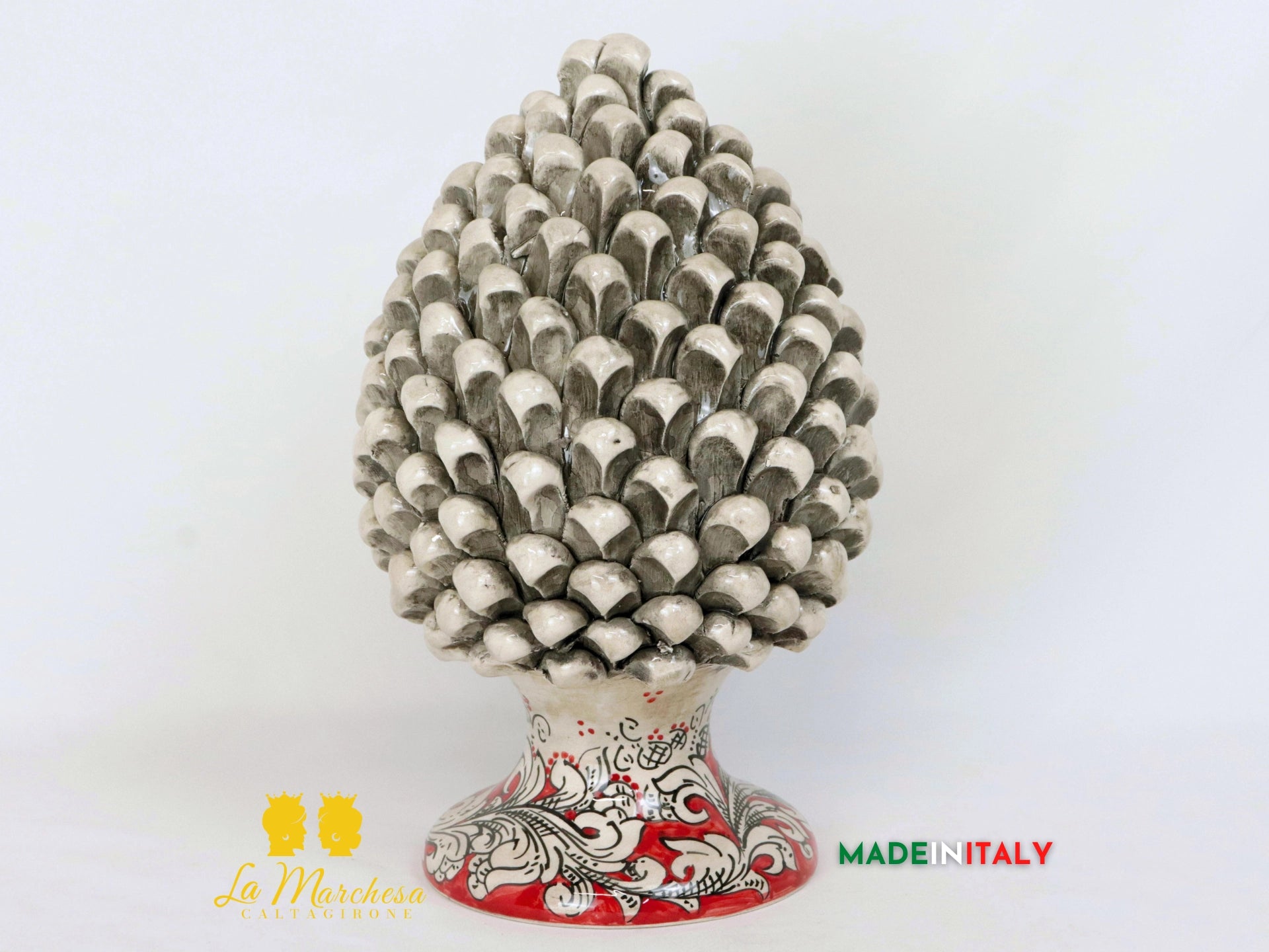 Pigne Siciliane in Ceramica di Caltagirone fumè rosso ornato bianco - 31cm