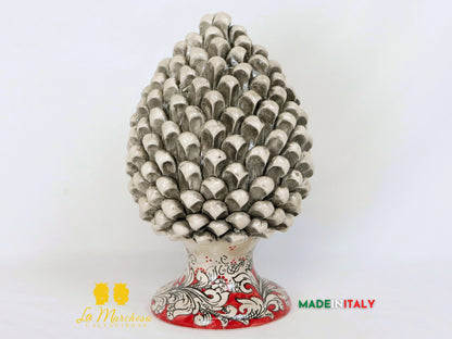 Pigne Siciliane in Ceramica di Caltagirone fumè rosso ornato bianco - 31cm