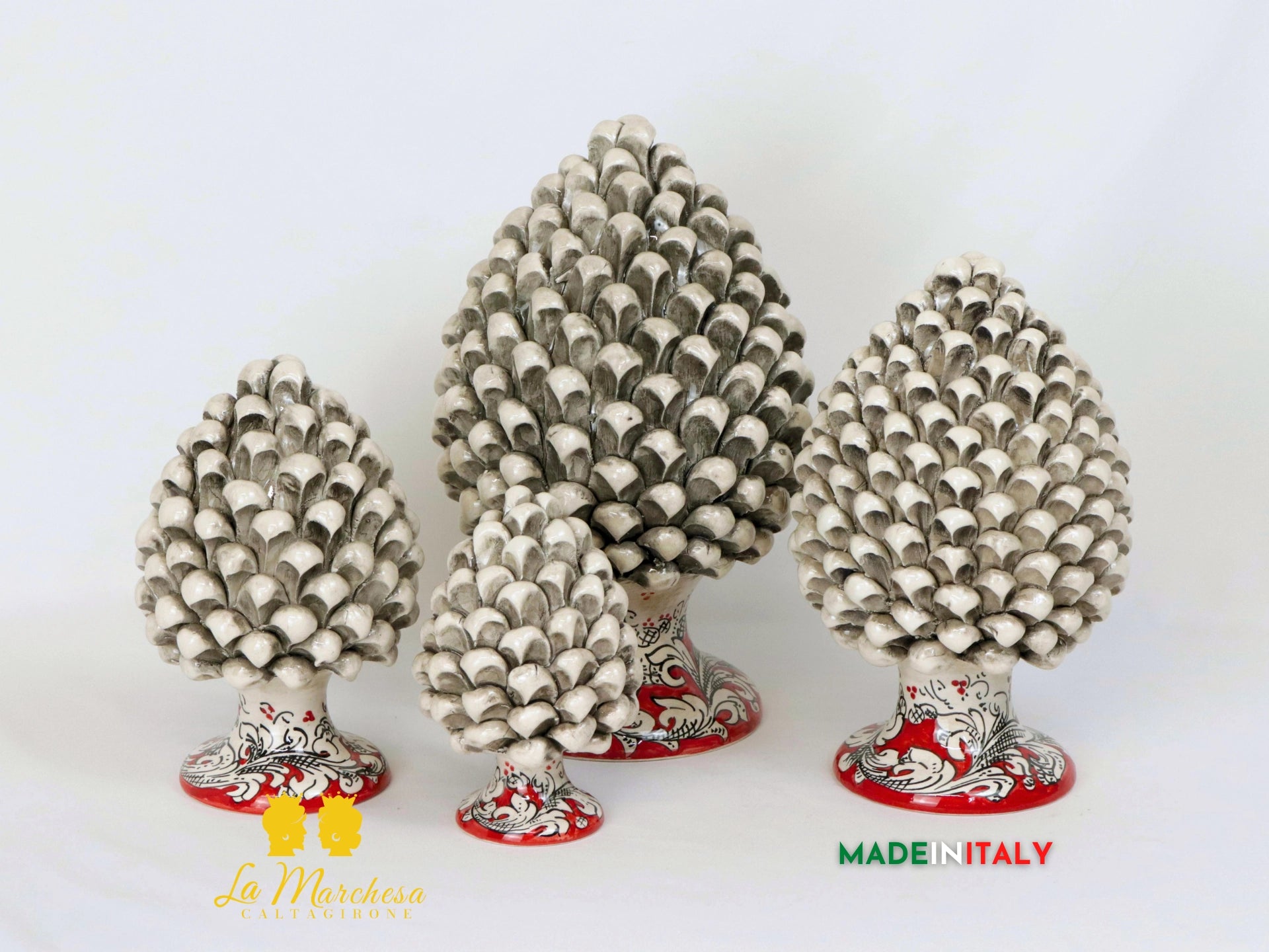 Pigne Siciliane in Ceramica di Caltagirone fumè rosso ornato bianco - Varie Misure
