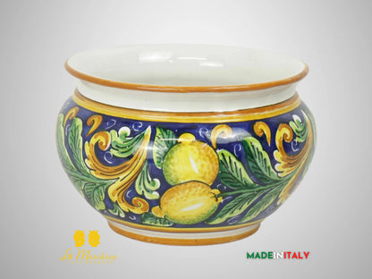 Porta Vaso Decorato in Ceramica di Caltagirone 21cm - Blu Cobalto Limoni