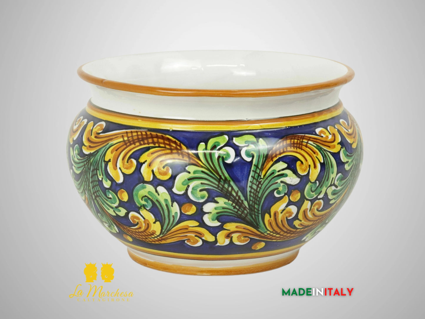 Porta Vaso Decorato in Ceramica di Caltagirone 21cm - Blu Cobalto Ornato