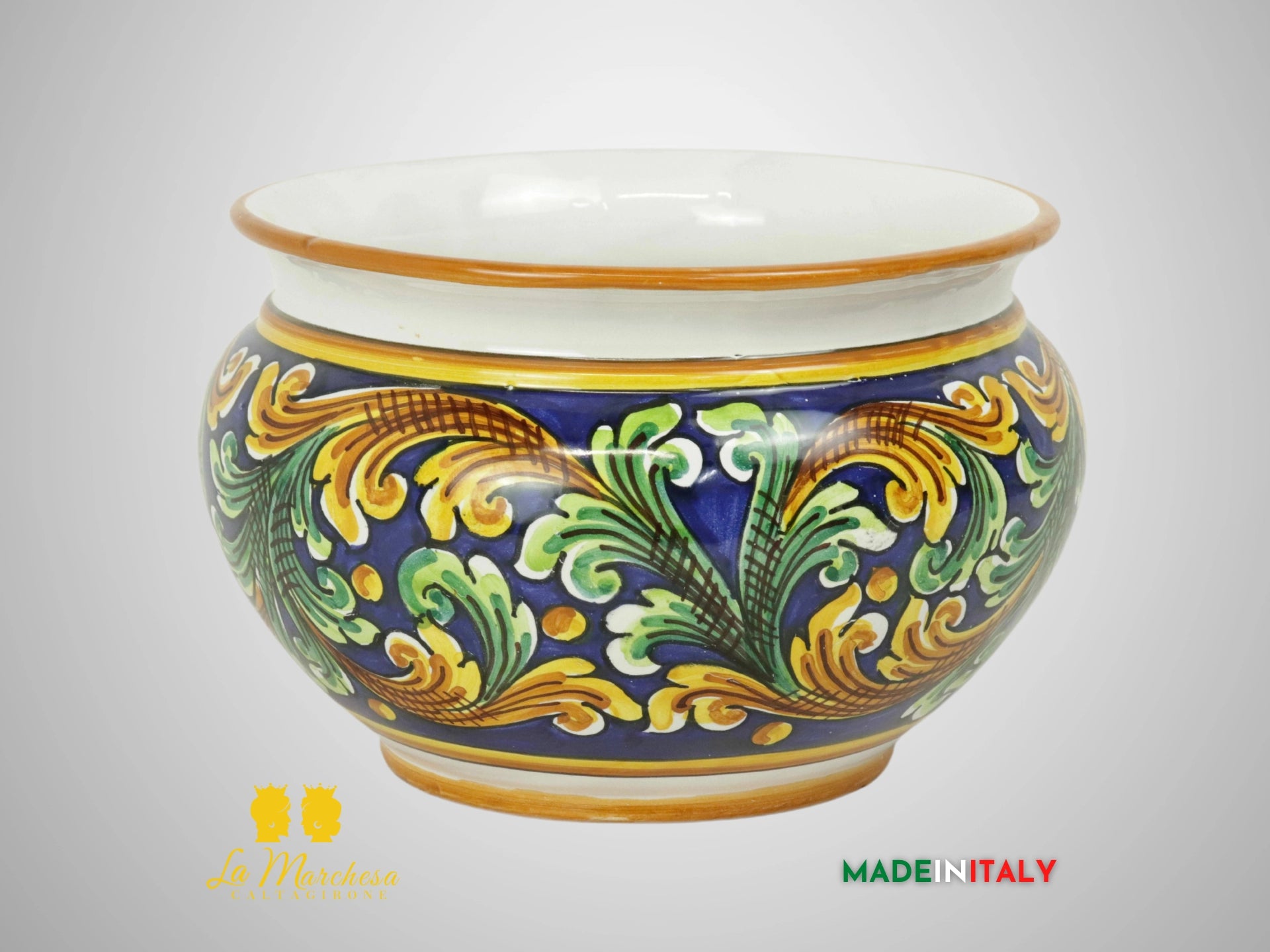 Porta Vaso Decorato in Ceramica di Caltagirone 21cm - Blu Cobalto Ornato