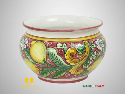 Porta Vaso Decorato in Ceramica di Caltagirone 21cm - Bordeaux Limoni