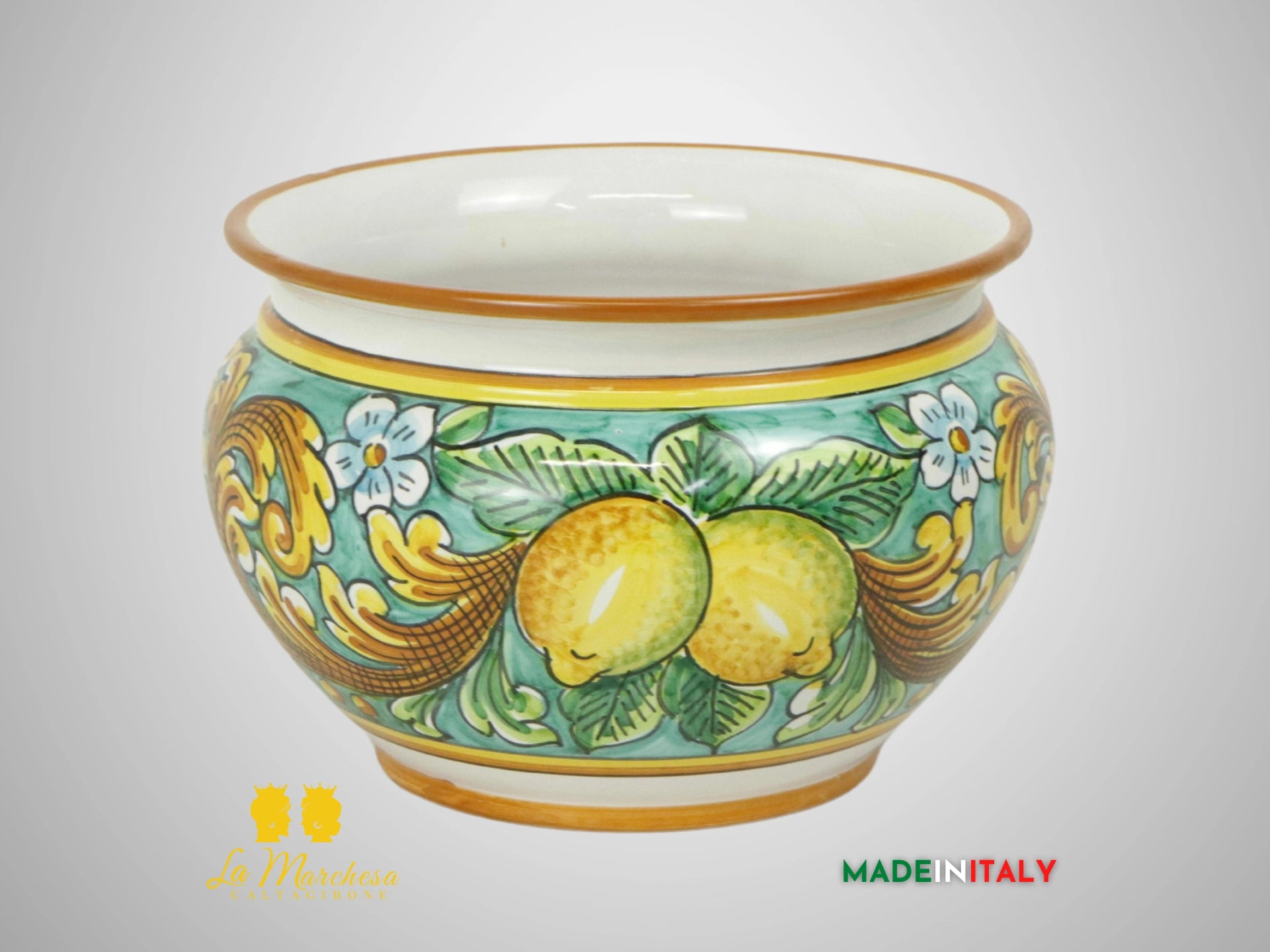 Porta Vaso Decorato in Ceramica di Caltagirone 21cm - Verde Rame Limoni