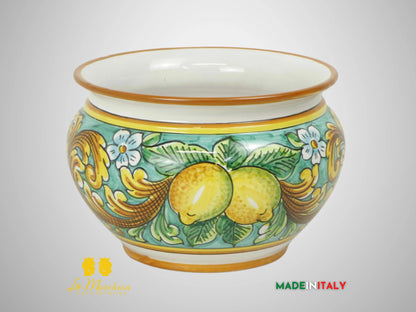 Porta Vaso Decorato in Ceramica di Caltagirone 21cm - Verde Rame Limoni
