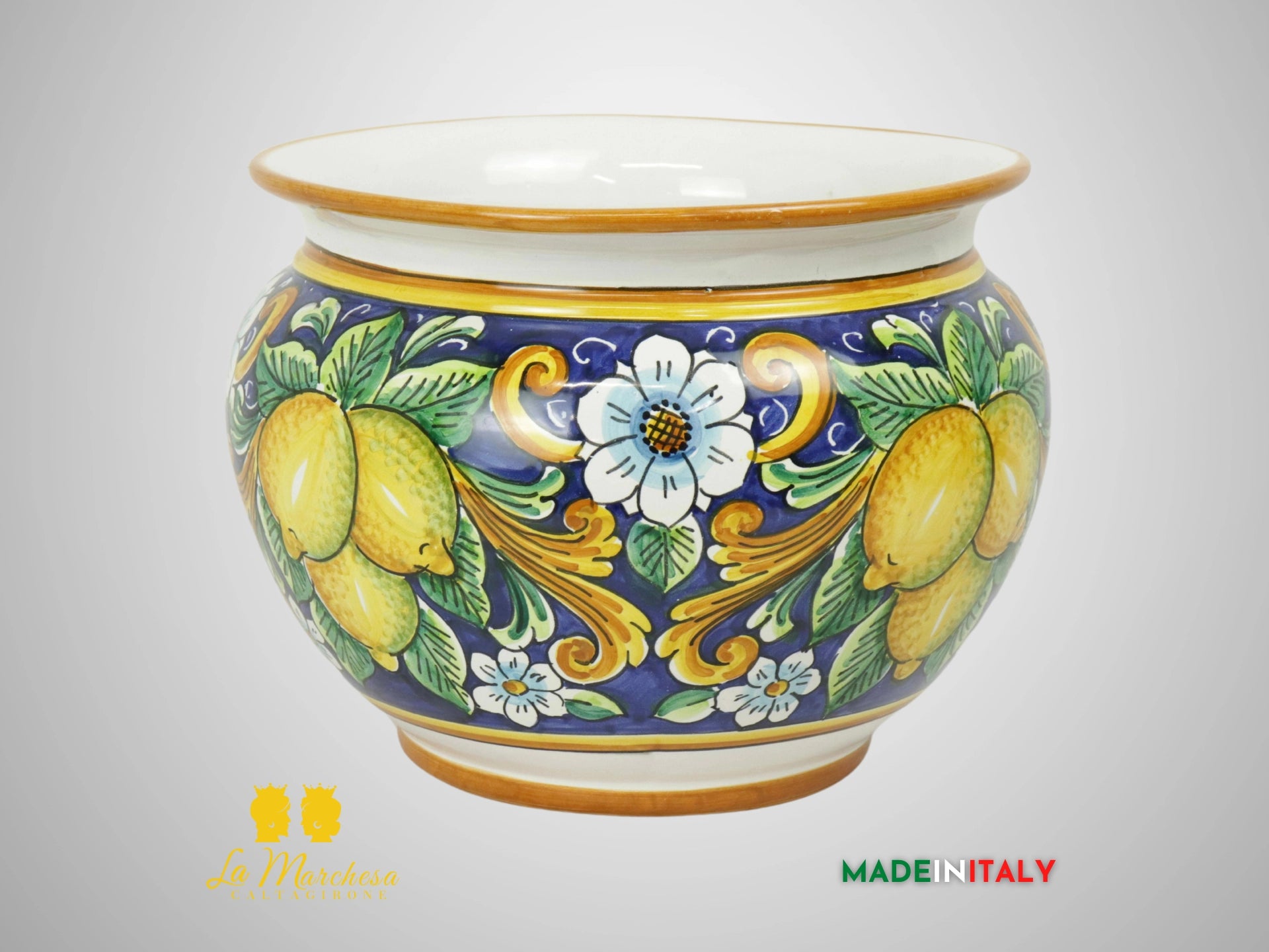 Porta Vaso Decorato in Ceramica di Caltagirone 25cm - Blu Cobalto Limoni (2)