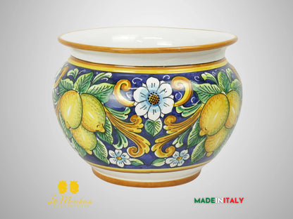 Porta Vaso Decorato in Ceramica di Caltagirone 25cm - Blu Cobalto Limoni (2)