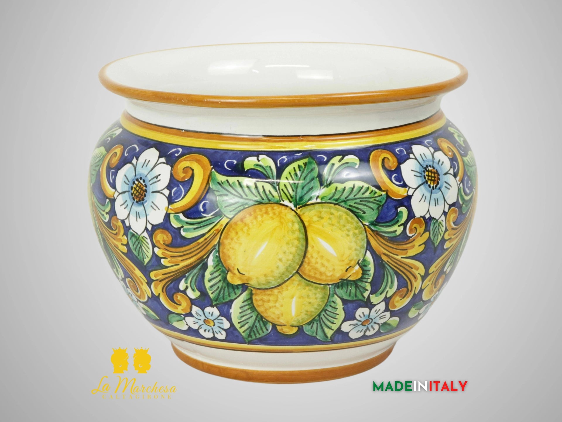 Porta Vaso Decorato in Ceramica di Caltagirone 25cm - Blu Cobalto Limoni
