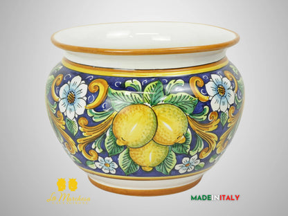 Porta Vaso Decorato in Ceramica di Caltagirone 25cm - Blu Cobalto Limoni