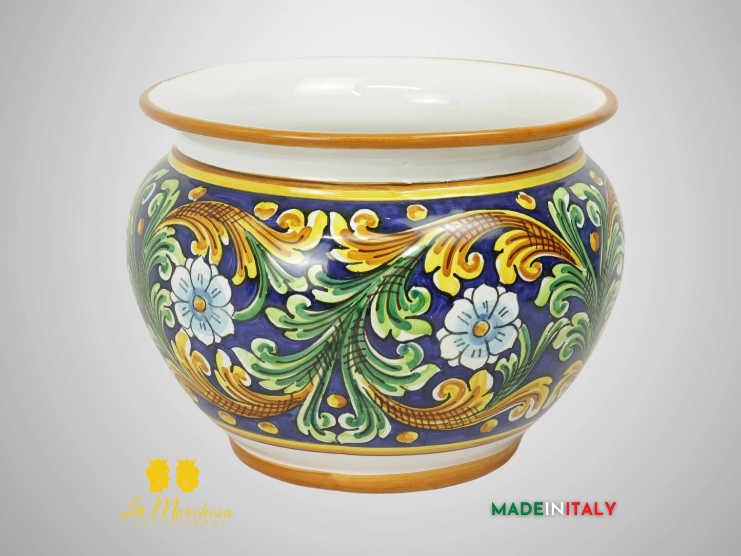 Porta Vaso Decorato in Ceramica di Caltagirone 25cm - Blu Cobalto Ornato (2)