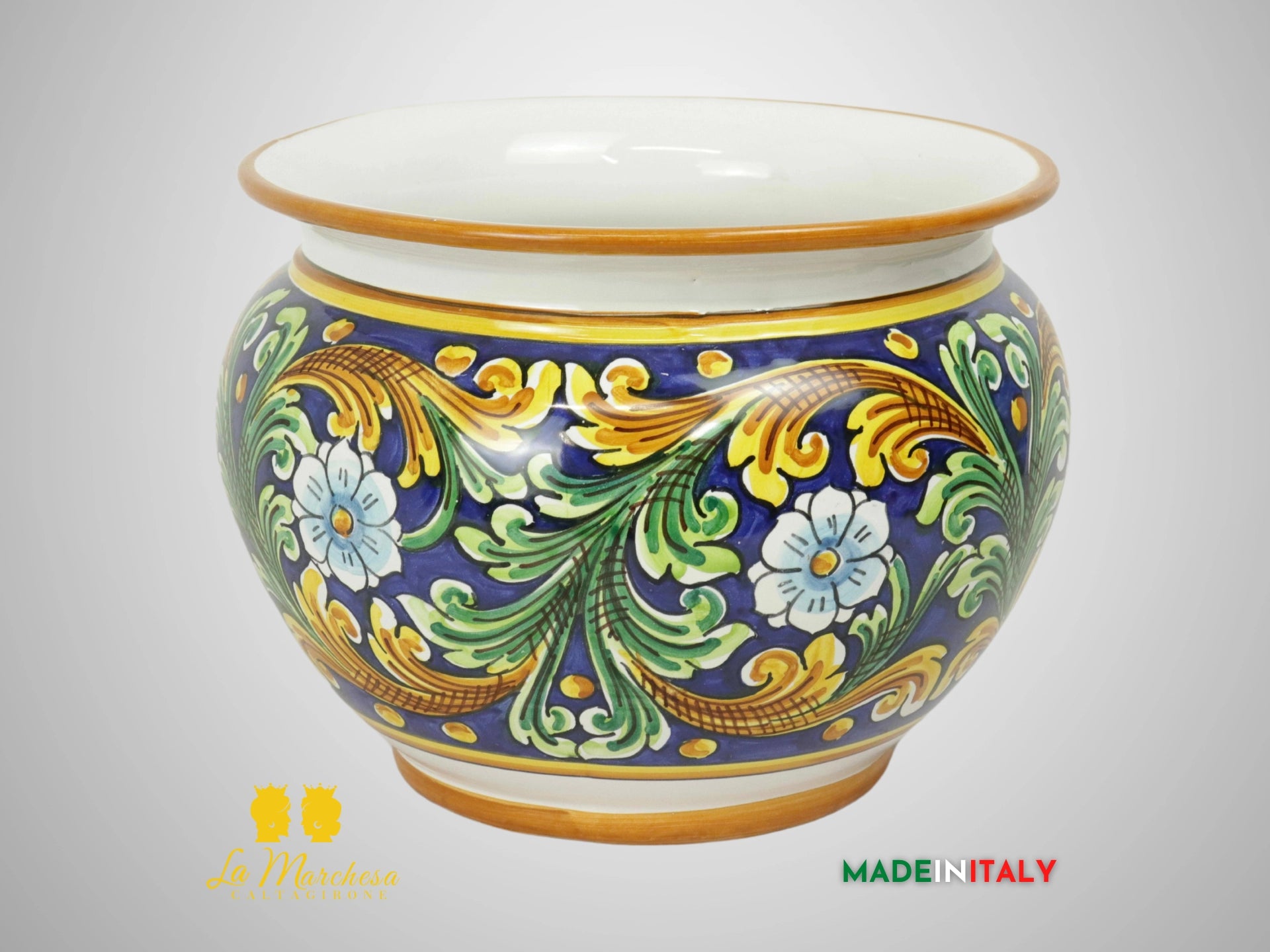 Porta Vaso Decorato in Ceramica di Caltagirone 25cm - Blu Cobalto Ornato (2)