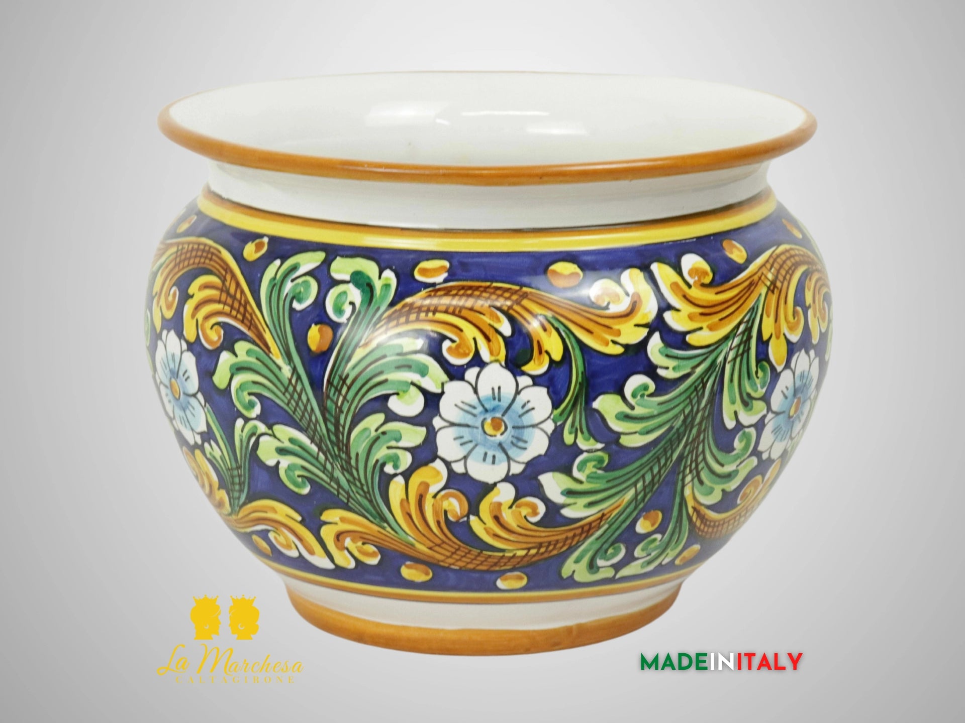 Porta Vaso Decorato in Ceramica di Caltagirone 25cm - Blu Cobalto Ornato