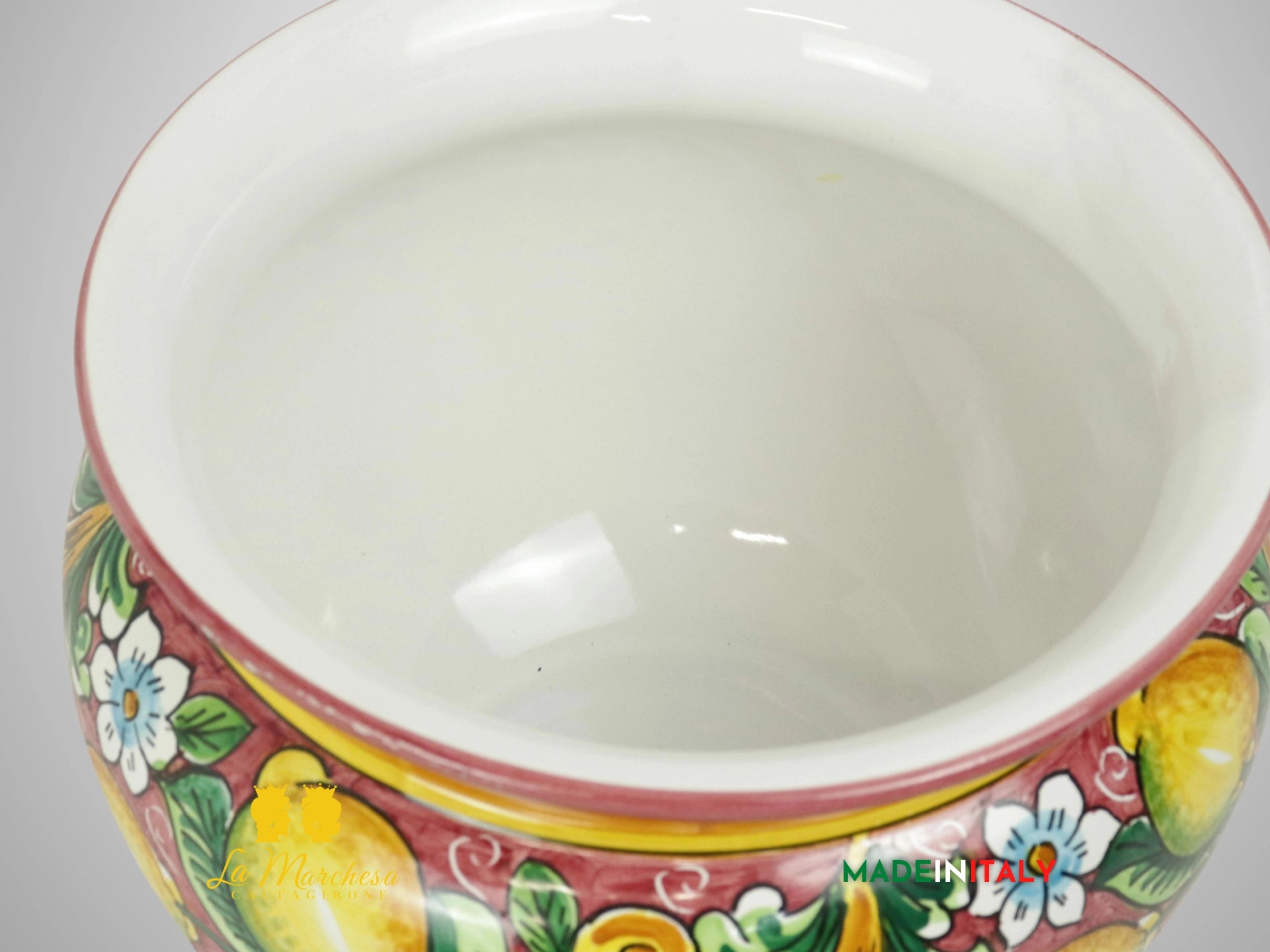 Porta Vaso Decorato in Ceramica di Caltagirone 25cm - Bordeaux Limoni (2)