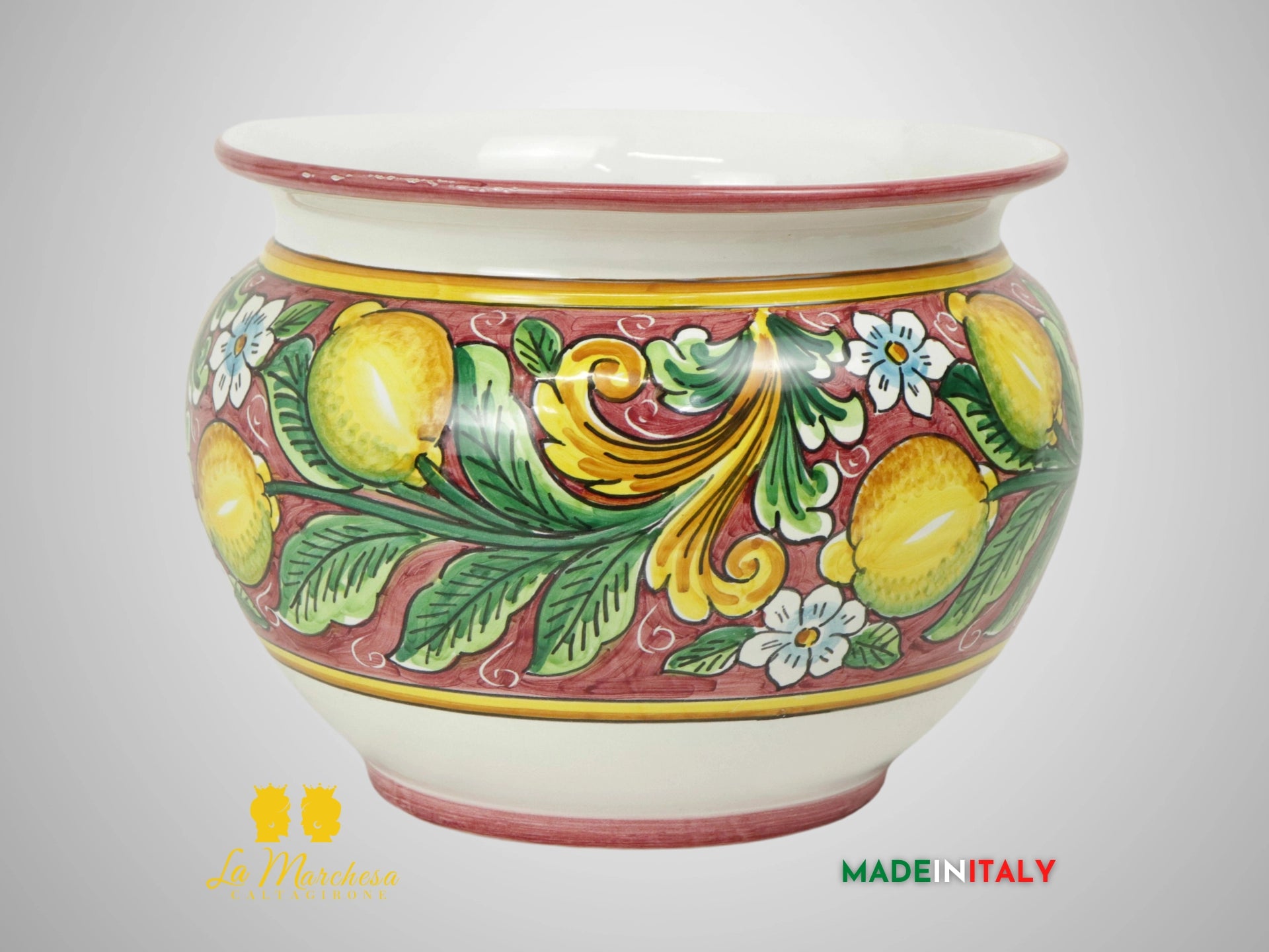 Porta Vaso Decorato in Ceramica di Caltagirone 25cm - Bordeaux Limoni