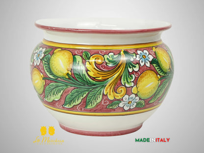 Porta Vaso Decorato in Ceramica di Caltagirone 25cm - Bordeaux Limoni
