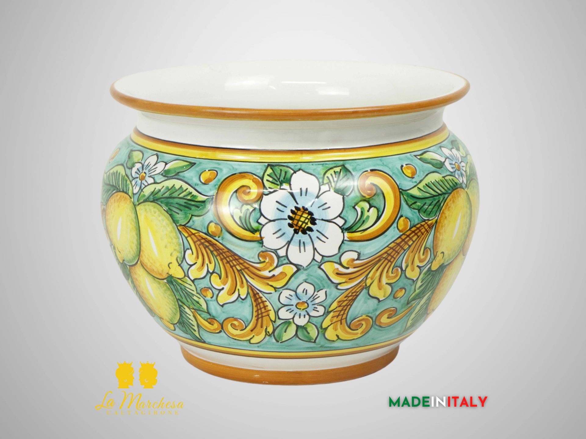 Porta Vaso Decorato in Ceramica di Caltagirone 25cm - Verde Rame Limoni (2)