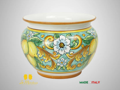 Porta Vaso Decorato in Ceramica di Caltagirone 25cm - Verde Rame Limoni (2)