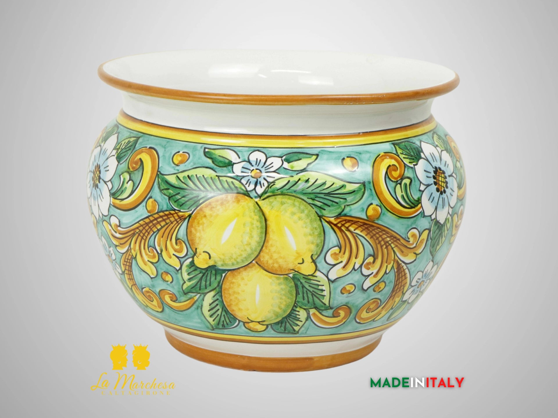 Porta Vaso Decorato in Ceramica di Caltagirone 25cm - Verde Rame Limoni