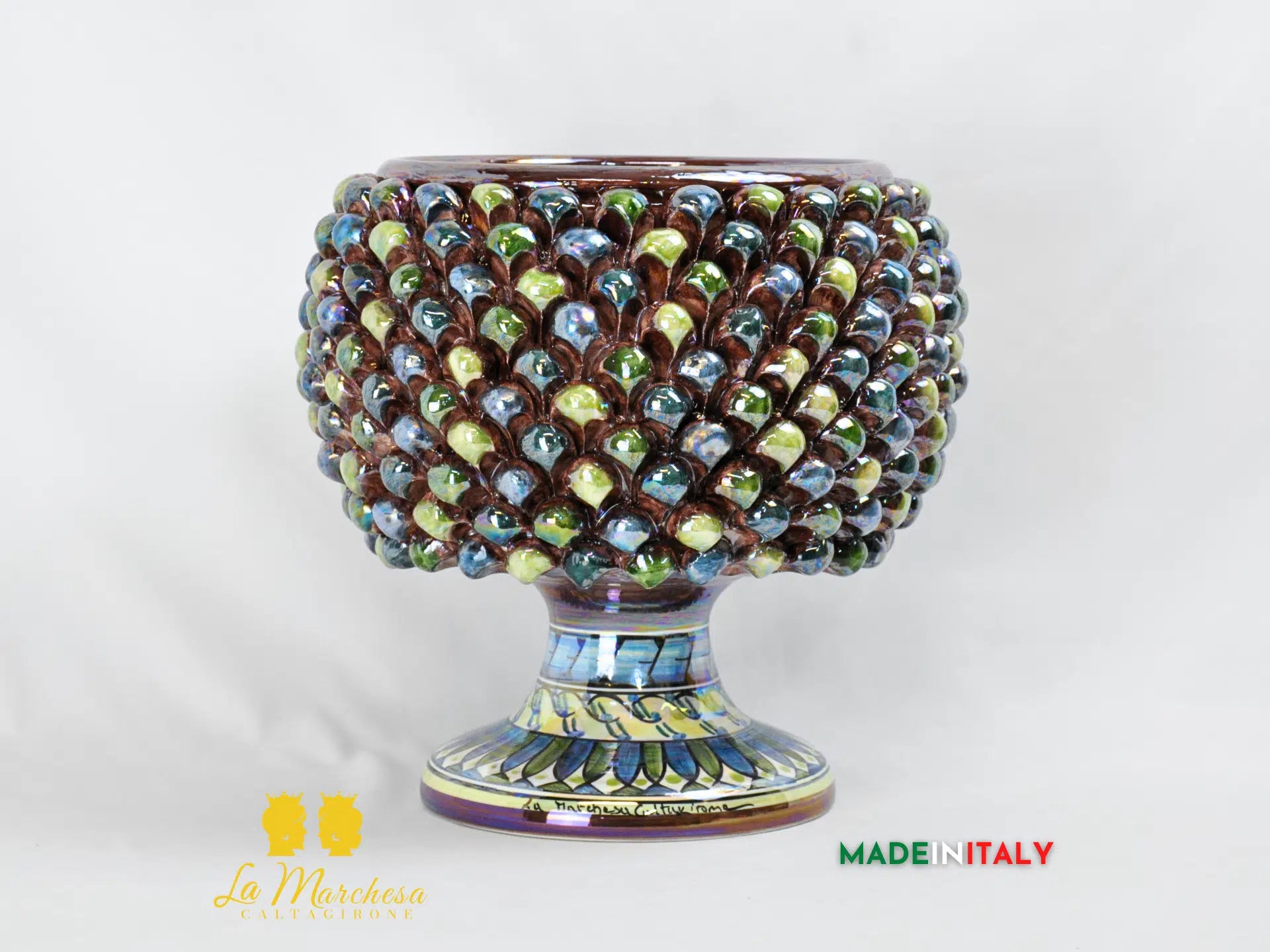 Portavaso Mezza Pigna Blu Verde 34cm Madreperla in Ceramica di Caltagirone - Varie Misure