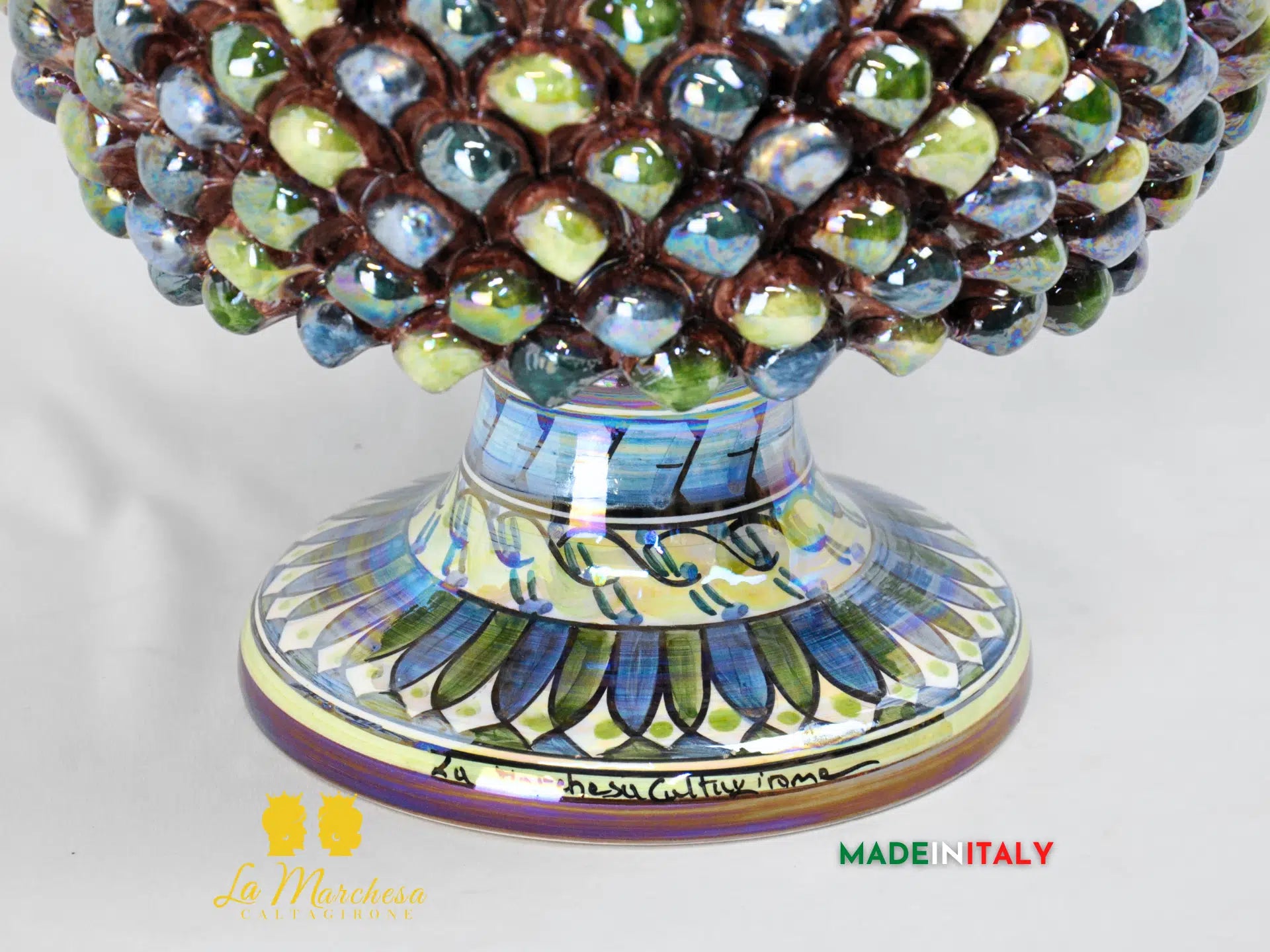Portavaso Mezza Pigna Blu Verde 34cm Madreperla in Ceramica di Caltagirone - Varie Misure